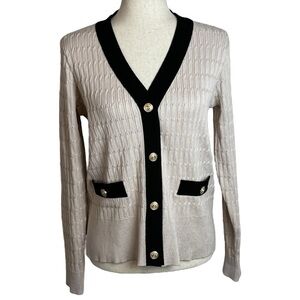 Adrianna Papell beige and black cable Cardigan Sweater preppy prep classic